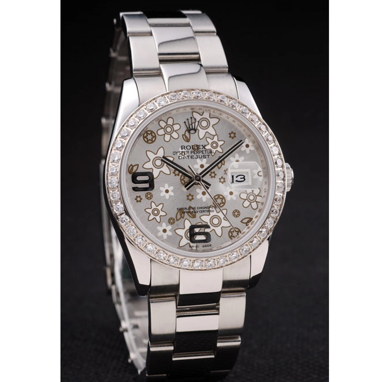 MiroTime 0815 Rolex Datejust Stainless Steel Silver Flowers Dial Diamond Plated rl305